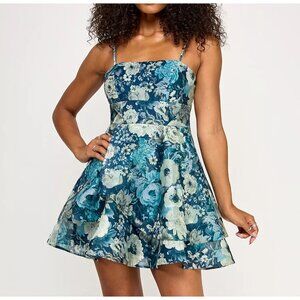 KATIA RAE Womens Juniors Printed Organza Floral Fit Flare Dress Blue Size S NWT